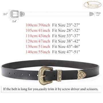 JASGOOD Women Leather Belts Ladies Vintage Western Design Black Waist Belt for Pants Jeans Dresses (Fit Size 23-27 Inches,D-Golden Buckle)