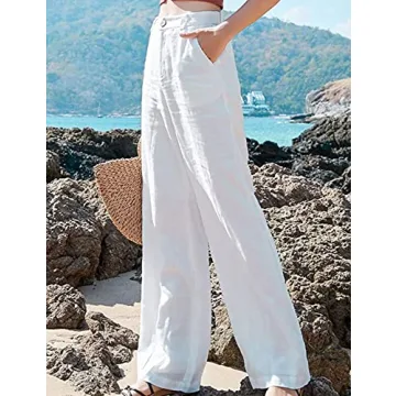Hooever Womens Casual High Waisted Wide Leg Pants Button Up Straight Leg Trousers (White-XL)