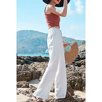 Hooever Womens Casual High Waisted Wide Leg Pants Button Up Straight Leg Trousers (White-XL)