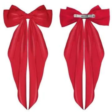 WLLHYF Big Satin Silky Barrettes, Long Tail French Bowknot Metal Pins, Hair Clamps and Clips for Women, Girls, Wedding, Birthday Party (Red)