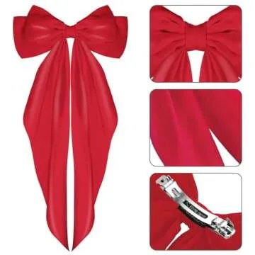 WLLHYF Big Satin Silky Barrettes, Long Tail French Bowknot Metal Pins, Hair Clamps and Clips for Women, Girls, Wedding, Birthday Party (Red)