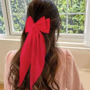 WLLHYF Big Satin Silky Barrettes, Long Tail French Bowknot Metal Pins, Hair Clamps and Clips for Women, Girls, Wedding, Birthday Party (Red)