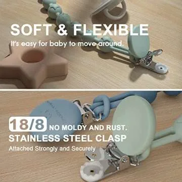 Cuddle Campus Silicone Pacifier Clip Holder with One Piece Design, Pack of 2 Soft Flexible Binky Clips with Texture for Baby Boy and Girl(6m+)