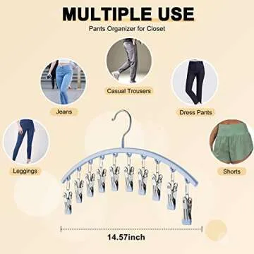 Volnamal Legging Organizer for Closet, Metal Yoga Pants Hanger w/Rubber Coated 2 Pack w/10 Clips Hold 20 Leggings, Hangers Space Saving Hanging Closet Organizer for Closet Organizers and Storage, Blue