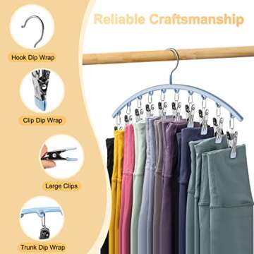 Volnamal Legging Organizer for Closet, Metal Yoga Pants Hanger w/Rubber Coated 2 Pack w/10 Clips Hold 20 Leggings, Hangers Space Saving Hanging Closet Organizer for Closet Organizers and Storage, Blue