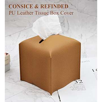 Livelab Tissue Box Cover, Modern Square Decorative PU Leather Facial Paper Case Organizer Holder Dispenser for Bathroom, Vanity Countertop, Night Stands, Desk, Car 5X5X5'' | Camel
