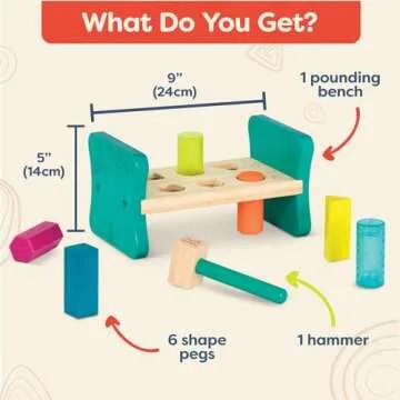 B. toys – Wooden Shape Sorter – Pounding Bench For Shape Sorting – 6 Pegs & Toy Hammer – Classic Toys For Toddlers, Kids – 2 Years + – Colorful Pound & Play
