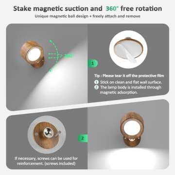 Lightbiz LED Wall Lights, Wall Sconces with Remote Rechargeable Battery Operated, 3 Color Temperatures & Dimmable Wall Lamp Magnetic 360° Rotation Wireless Light for Bedroom Living Room