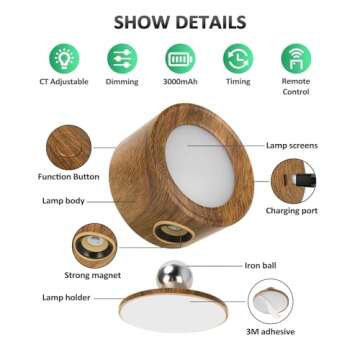 Lightbiz LED Wall Lights, Wall Sconces with Remote Rechargeable Battery Operated, 3 Color Temperatures & Dimmable Wall Lamp Magnetic 360° Rotation Wireless Light for Bedroom Living Room