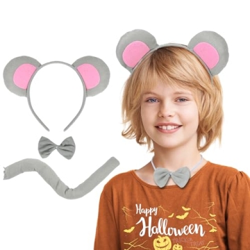 Berjena Mouse Ears Set, Rat Costume Set, Include Mouse Ears Headband Tail and Bowtie, Mouse Costume ...
