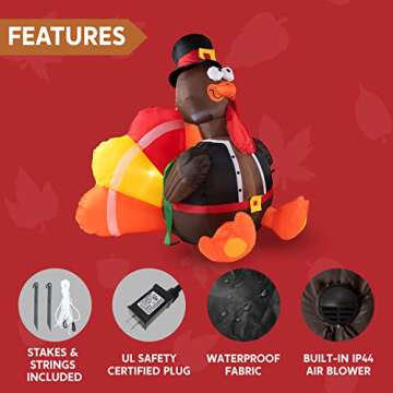 Joiedomi 6 FT Thanksgiving Inflatable Turkey Decorations, LED Light Up Turkey with Pilgrim Hat, Blow Up Turkey for Thanksgiving Outdoor Decorations, Halloween Inflatable Turkey for Yard Garden Decor