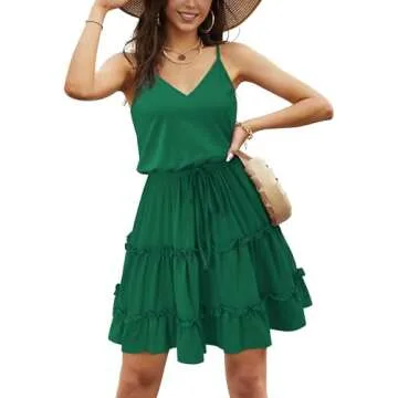 Newshows Women's 2025 Summer Dress Spaghetti Strap Casual BoSwing Hemian Beach Vacation Outfits Drawstring Ruffle Swing Hem Sundress Trendy(Dark Green, L)