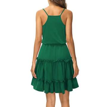 Newshows Women's 2025 Summer Dress Spaghetti Strap Casual BoSwing Hemian Beach Vacation Outfits Drawstring Ruffle Swing Hem Sundress Trendy(Dark Green, L)