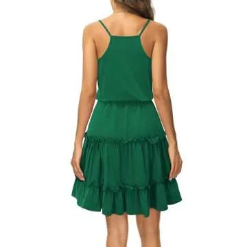 Newshows Women's 2025 Summer Dress Spaghetti Strap Casual BoSwing Hemian Beach Vacation Outfits Drawstring Ruffle Swing Hem Sundress Trendy(Dark Green, L)