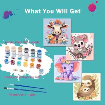 4 Pack Paint by Numbers Kit for Kids - Age 4-8, Framed Canvas Animals Drawing Kit, Color by Number for Beginners, 8x8 Inch