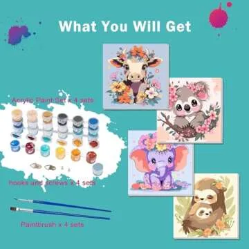 4 Pack Paint by Numbers Kit for Kids - Age 4-8, Framed Canvas Animals Drawing Kit, Color by Number for Beginners, 8x8 Inch