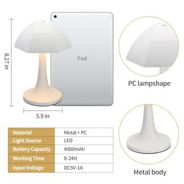 Riceears Cordless Table Lamp, Small Table Lamp, LED Touch Lamp Rechargeable Battery Operated Lights 4000mAh, 3 Color & Stepless Dimmable, Portable Desk Lamp Wireless for Bedroom Bedside Nightstand