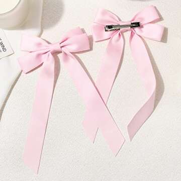 Silky Satin Hair Bows and Ribbons: 2PCS Pink Alligator Clips for Ponytail Holders, Hair Accessories for Women, Girls, Toddlers, and Teens