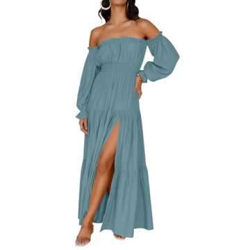 ZESICA Women's 2024 Boho Sexy Off Shoulder Long Sleeve Smocked Maxi Dress in Teal