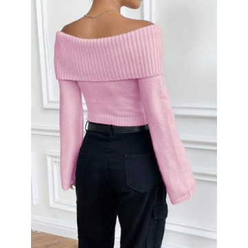 SHENHE Women's Off Shoulder Knit Sweater - Pink Small