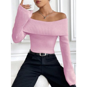 SHENHE Women's Off Shoulder Knit Sweater - Pink Small