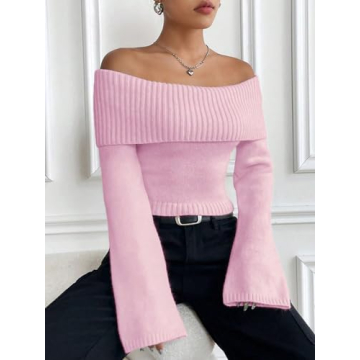 SHENHE Women's Off Shoulder Knit Sweater - Pink Small