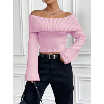 SHENHE Women's Off Shoulder Knit Sweater - Pink Small