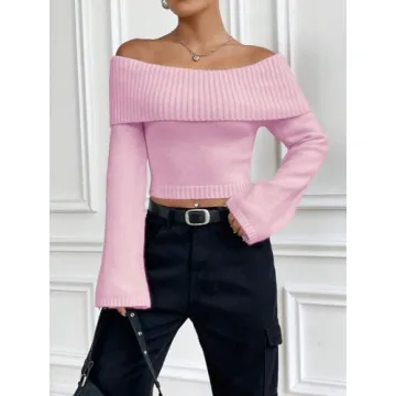 SHENHE Women's Off Shoulder Knit Sweater - Pink Small