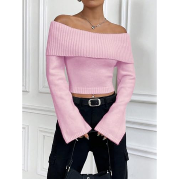 SHENHE Women's Off Shoulder Knit Sweater - Pink Small