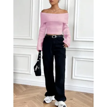 SHENHE Women's Off Shoulder Knit Sweater - Pink Small