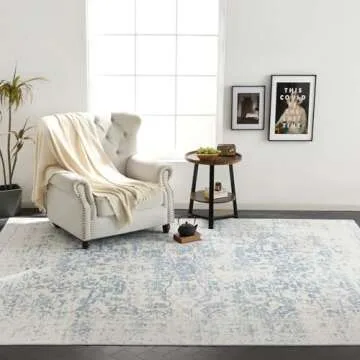 DEAXLife Washable Area Rug for Living Room - Stain Resistant Urtla Thin Rugs with Non Slip Rubber Backing - Indoor Floor Carpet for Dining Room Home Office Dorm (Blue/White, 4x6 Feet)