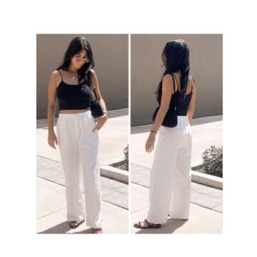 BLENCOT Women's Fahion Linen Pants Wide Leg Lounge Jogger Pants Elastic Drawstring Trousers with Pockets White M