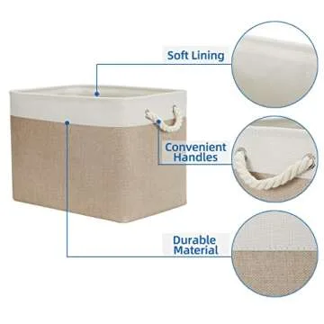 Temary Fabric Storage Baskets 2 Pack Decorative Storage Bins Basket for Gifts Empty Shelf Baskets with Handles for Organizing Home Closet, Towels (White&Khaki,16Lx12Wx12H Inches)
