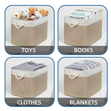Temary Fabric Storage Baskets 2 Pack Decorative Storage Bins Basket for Gifts Empty Shelf Baskets with Handles for Organizing Home Closet, Towels (White&Khaki,16Lx12Wx12H Inches)