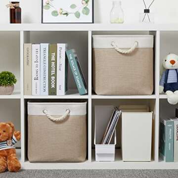 Temary Fabric Storage Baskets 2 Pack Decorative Storage Bins Basket for Gifts Empty Shelf Baskets with Handles for Organizing Home Closet, Towels (White&Khaki,16Lx12Wx12H Inches)