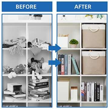Temary Fabric Storage Baskets 2 Pack Decorative Storage Bins Basket for Gifts Empty Shelf Baskets with Handles for Organizing Home Closet, Towels (White&Khaki,16Lx12Wx12H Inches)