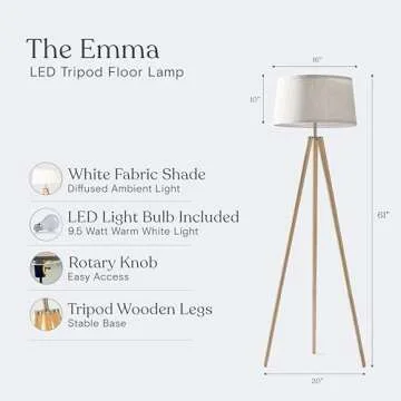 Brightech Emma LED Floor Lamp, Tall Lamp with Wood Legs, Mid-Century Modern Standing Lamp for Bedroom Reading, Tripod Lamp for Living Rooms & Offices, Great Living Room Décor