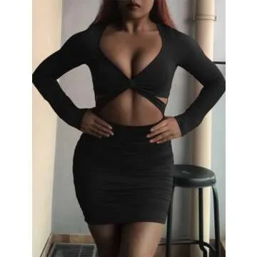 XXTAXN Women's Sexy Bodycon Deep V Neck Long Sleeve Cut Out Club Mini Dress