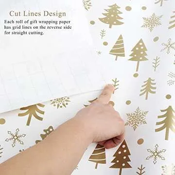 KIMOBER 4 Rolls Christmas Wrapping Paper with Cut Lines on Reverse,Coated Paper with Golden Christmas Elements(30in × 144in Per Roll)