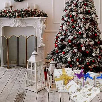 KIMOBER 4 Rolls Christmas Wrapping Paper with Cut Lines on Reverse,Coated Paper with Golden Christmas Elements(30in × 144in Per Roll)