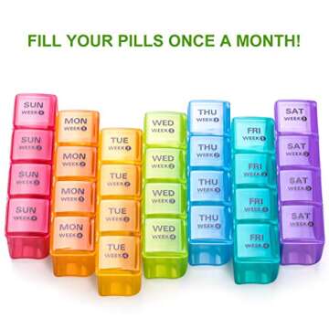 Sukuos Monthly Pill Organizer 28 Day, Large Moisture-Resistant Pill Box Cases with Dust-Proof Box an...