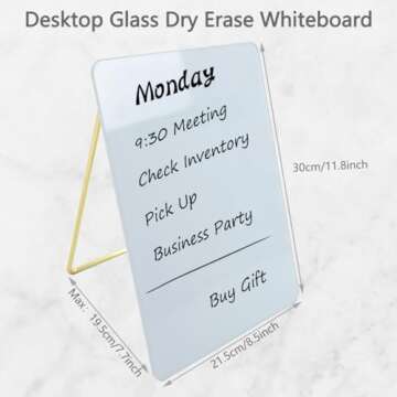 TORASO Glass Dry Erase Desktop Whiteboard, Foldable Gold Metal Stand,8.7” x 11.8” Small and Fancy Tabletop White Board, Desk Notepad for Office, Home, School(Stand Glass-2230,WH