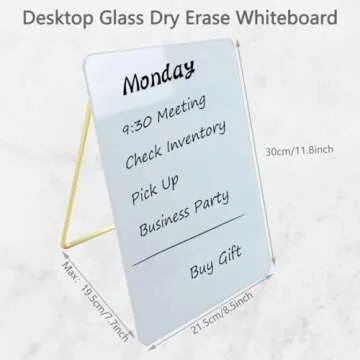 TORASO Glass Dry Erase Desktop Whiteboard, Foldable Gold Metal Stand,8.7” x 11.8” Small and Fancy Tabletop White Board, Desk Notepad for Office, Home, School(Stand Glass-2230,WH