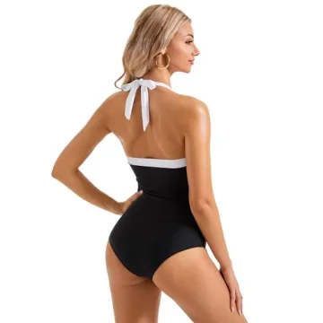 SUUKSESS Women Sexy Tummy Control One Piece Swimsuits Halter Slimming Retro Monokini Bathing Suits Color Block Swimwear(Black White,XL)