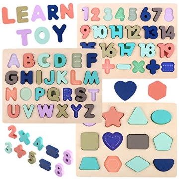Wooden Puzzles for Toddlers, Voamuw Wooden Alphabet Number Shape Puzzle Toddler Education Learning T...