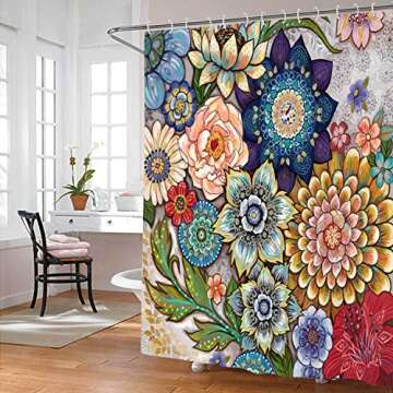 Neasow Boho Floral Shower Curtains for Bathroom, Bright Fabric Blossom Shower Curtain with 12 Hooks, Multi Color 72"×72"