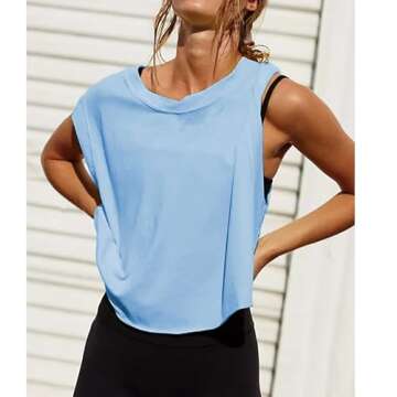 Ainangua Oversized Tank Top for Women Sleeveless Athletic Cropped Activewear Workout Yoga Gym Tops(Blue,L)