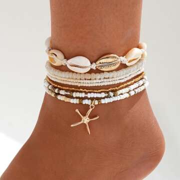 Qceasiy Shell Ankle Bracelet Set for Women, 14K Gold Boho Bead Adjustable Anklet, Hawaiian Beach Sea...