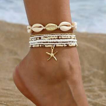 Qceasiy Shell Ankle Bracelet Set for Women, 14K Gold Boho Bead Adjustable Anklet, Hawaiian Beach Seashell Pearl Heart Starfish Conch Foot Jewelry Gifts(Starfish Shell 7Pcs)