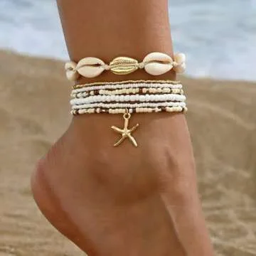 Qceasiy Shell Ankle Bracelet Set for Women, 14K Gold Boho Bead Adjustable Anklet, Hawaiian Beach Seashell Pearl Heart Starfish Conch Foot Jewelry Gifts(Starfish Shell 7Pcs)